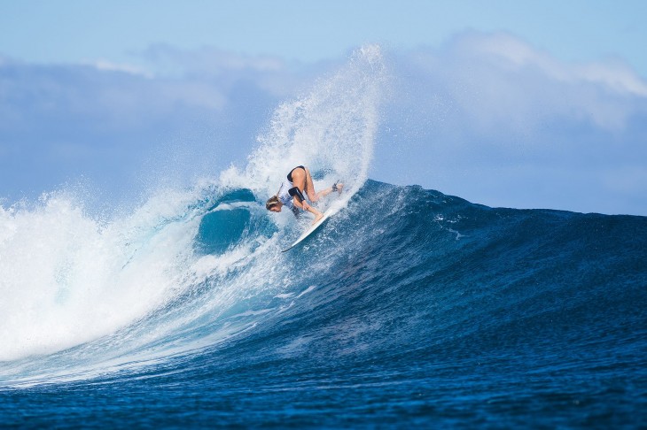 Laura Enever of North Narrabeen, Sydney, Australia (pictured) posting a near perfect 9.43 ride (out of ten) to win her Round 1 heat at the Womens Fiji Pro in Fiji on June 1, 2015.