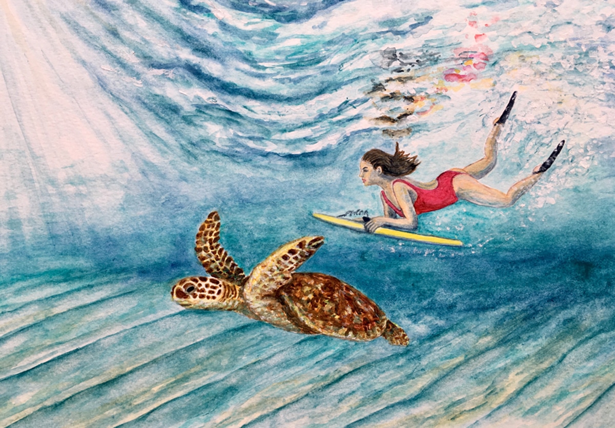 Sharing the Surf Green Turtle