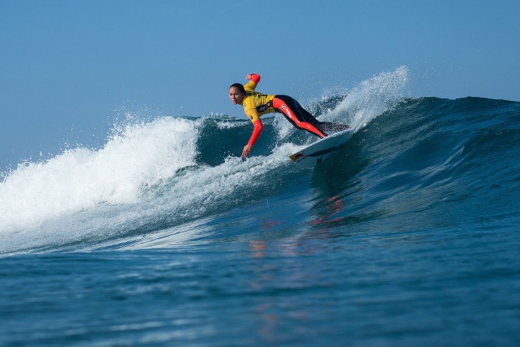 Carissa Moore of Oahu, Hawaii (pictured) winning her Round 1 heat at the Cascais Womens Pro in Portugal on Friday September 25, 2015.